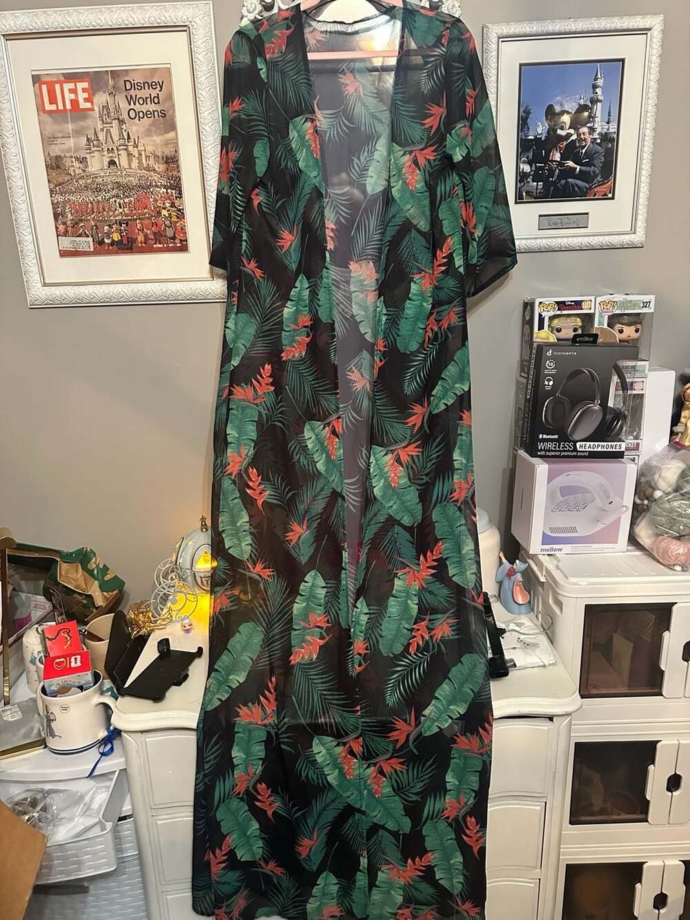 Tropical Palm Leaf Sheer Long Kimono Swimsuit Cover Up XXL